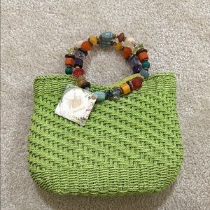Handmade Green Woven Bag with Beaded Handle